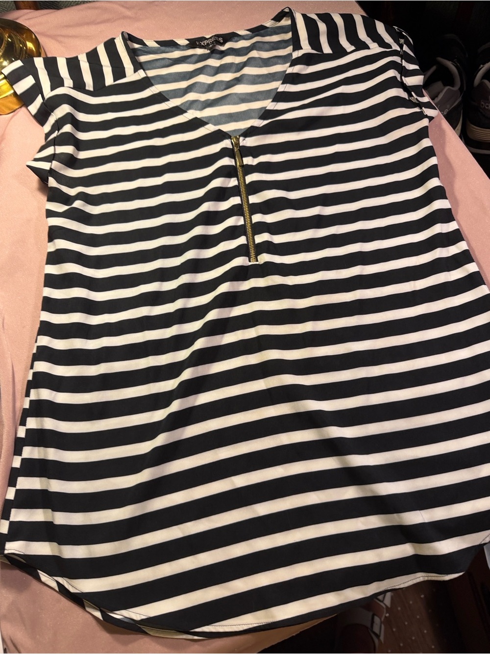 Express Black and White Striped V-Neck Top with Gold Zip